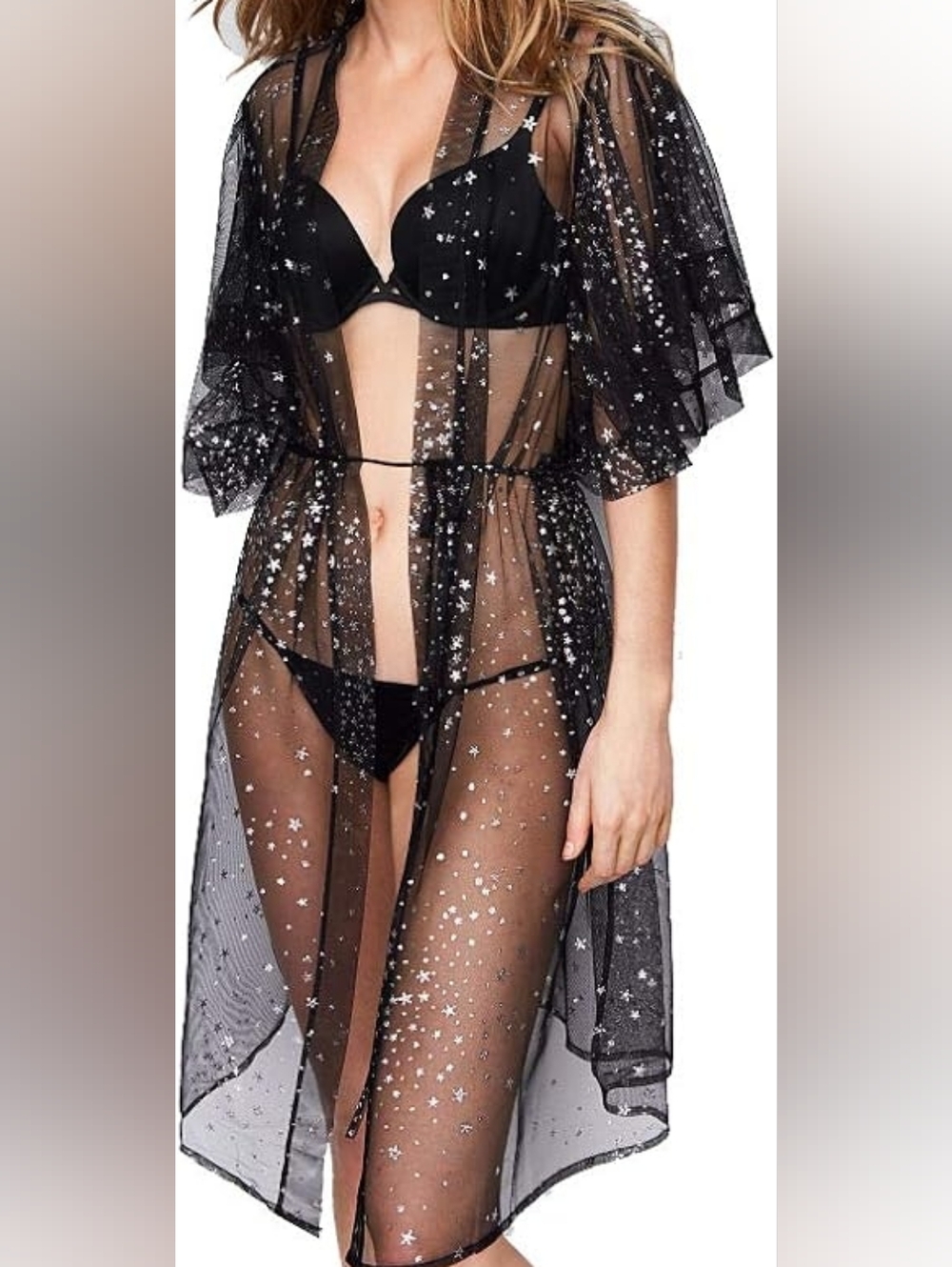 Victoria's Secret Mesh Sheer Black Star-Embellished Robe